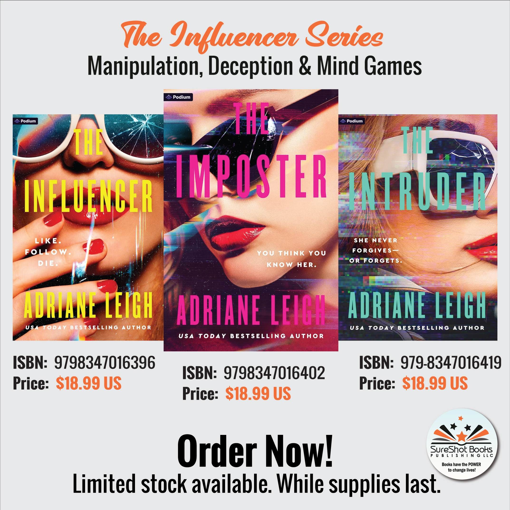 Book cover for "The Influencer Series: Manipulation, Deception & Mind Games" by Adriane Leigh, featuring dark, mysterious design elements.