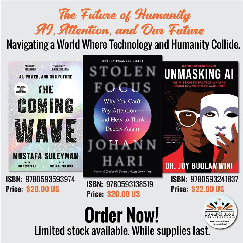 Cover of "The Future of Humanity: AI, Attention, and Our Future" book by SureShot Books Publishing LLC, featuring a futuristic design.