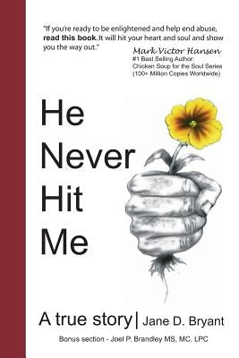 Paperback copy of "He Never Hit Me: A True Story" by Enlightened Pursuit, showing the book cover with title and author details.