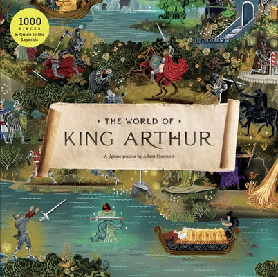 A 1000-piece puzzle titled "The World of King Arthur" by Laurence King, featuring detailed medieval artwork and vibrant colors.