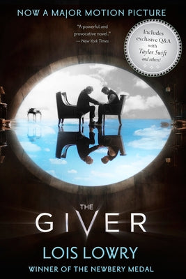 Paperback of The Giver movie tie-in edition by Clarion Books, showing the book cover with a dystopian landscape and title.