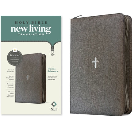 Leatherlike gray textured NLT Thinline Reference Zipper Bible with red letter text and cross design by Tyndale House Publishers.