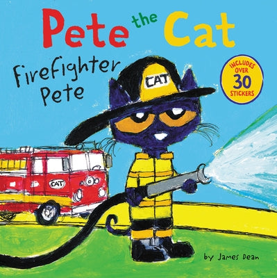 Paperback of Pete the Cat Firefighter Pete book by HarperCollins featuring colorful illustrations and over 30 fun stickers.