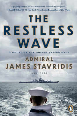 Paperback of The Restless Wave novel by Penguin Publishing Group, featuring a navy-themed cover design.