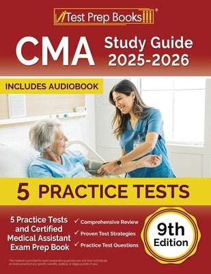 Paperback CMA Study Guide 2025-2026 by Test Prep Books with practice tests and exam prep content for medical assistants.