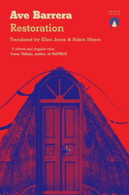 Paperback copy of "Restoration" novel by Charco Press featuring a cover with abstract artwork on a plain background.