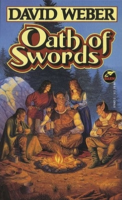 Mass market paperbound copy of "Oath of Swords" fantasy novel by Baen, showing the book cover with sword imagery.