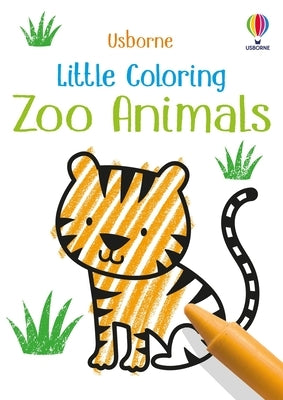 Colorful paperback Little Coloring Zoo Animals book by Usborne Books featuring cute zoo animal illustrations for kids to color.