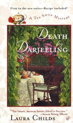 Cover of "Death by Darjeeling" mass market paperback by Berkley/Nal, featuring a mysterious scene with a woman and a tea cup.