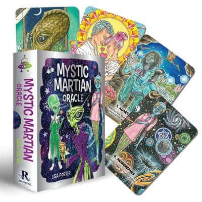 Mystic Martian Oracle deck with accompanying books by Rockpool Publishing, featuring colorful cosmic-themed cards spread out.