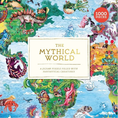 Laurence King Mythical World 1000-piece puzzle featuring colorful fantastical creatures and mystical landscapes.