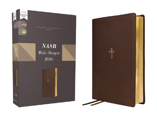 Brown Zondervan Wide Margin Bible with red letter text, Comfort Print, Leathersoft cover, 1995 edition, featuring wide margins for note-taking.