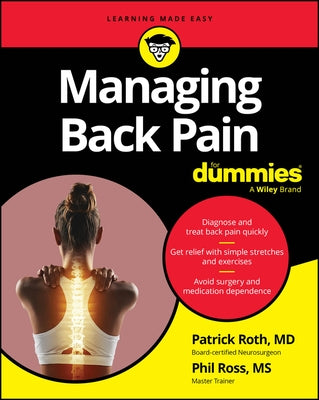 Paperback book titled Managing Back Pain for Dummies by For Dummies, featuring a cover with text and graphics about back pain relief.
