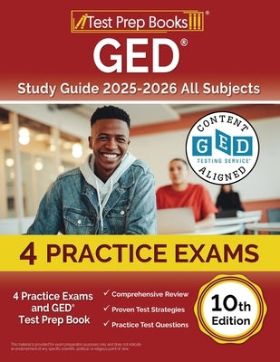 Test Prep Books GED Study Guide 2025-2026 paperback with practice exams and test prep material for all GED subjects.