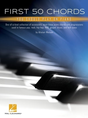 Paperback book titled "First 50 Chords You Should Play on Piano" by Hal Leonard Publishing Corporation, featuring piano chord diagrams.