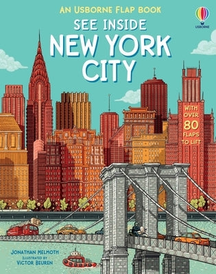 Inside view of "See Inside New York City" board book by Usborne Books showing colorful illustrations of NYC landmarks.