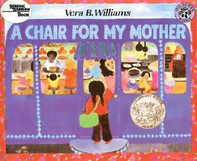 Paperback copy of "A Chair for My Mother" children's book by Greenwillow Books, featuring colorful cover art.