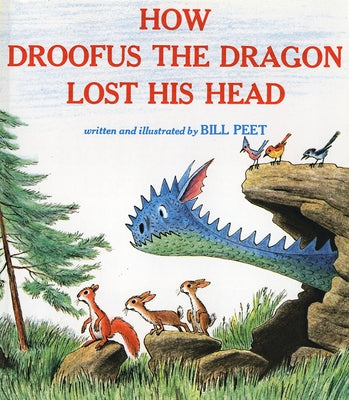 Paperback copy of "How Droofus the Dragon Lost His Head" by Clarion Books, showing the book cover with colorful dragon illustration.
