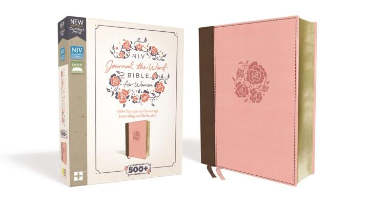Pink Leathersoft NIV Bible for Women by Zondervan with red letter edition, cover with gold accents and journal prompts for reflection.