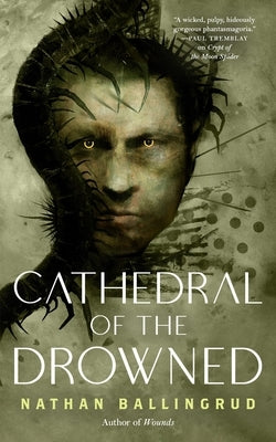 Paperback copy of Cathedral of the Drowned by Tor Nightfire featuring dark, atmospheric cover art with a mystical cityscape.