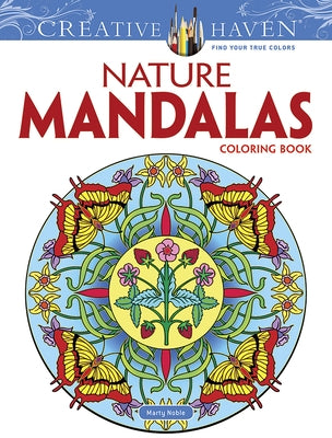 Coloring book cover for Creative Haven Nature Mandalas by Dover Publications, featuring intricate mandala designs on a paperback.