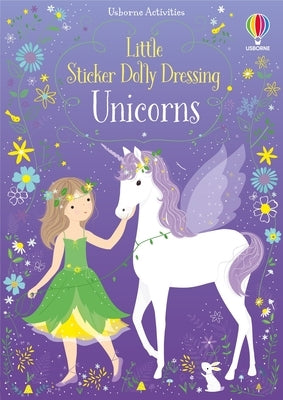 Paperback Little Sticker Dolly Dressing Unicorns book by Usborne Books featuring colorful unicorn stickers and dressing activities.