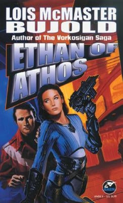 Mass market paperbound of Ethan of Athos by Baen, featuring the book cover with space-themed artwork and title text.