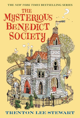 Paperback copy of The Mysterious Benedict Society by Little, Brown Books for Young Readers showing the front cover with colorful illustrations.