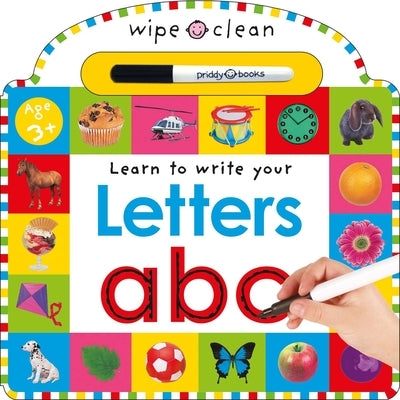 Board book featuring colorful letters A, B, C with a writing pen from Priddy Books US, showcasing bright alphabet pages on the cover.