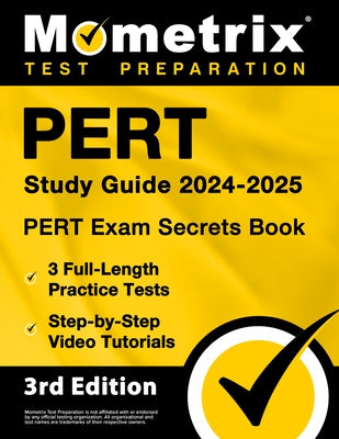 Paperback PERT Study Guide 2024-2025 by Mometrix Media LLC with practice tests and video tutorials for exam preparation.