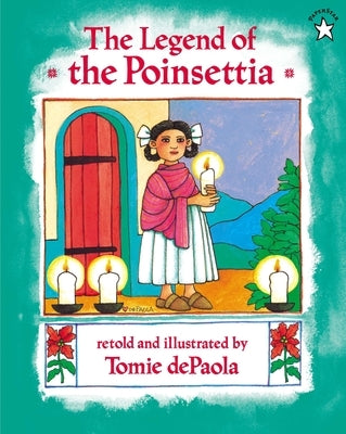 The Legend of the Poinsettia paperback book by Puffin Books featuring festive holiday illustrations on the cover.