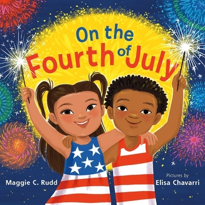 Colorful board book titled "On the Fourth of July" with sparkly illustrations celebrating Independence Day for young readers.