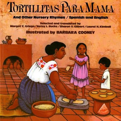 Paperback copy of "Tortillitas Para Mama" nursery rhymes book by Square Fish, featuring colorful cover with Spanish and English text.