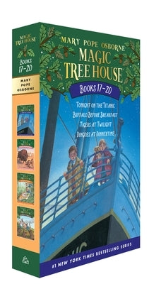 Boxed set of Magic Tree House Books 17-20 by Random House, featuring colorful covers with adventurous scenes and enchanted dog illustrations.