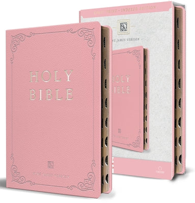 KJV Holy Bible in pink imitation leather with thumb index, ribbon marker, large print, red letter, thinline design by Origin.