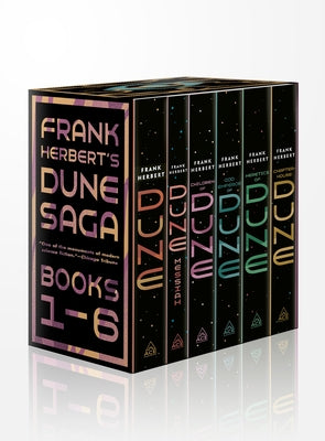 Six paperback Dune saga books by Ace Books, featuring titles like Dune, Messiah, Children of Dune, and more in a boxed set.