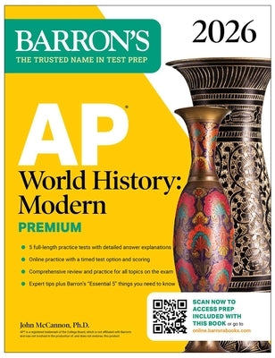 Barrons AP World History Modern Premium prep book with practice tests, review, and online resources, paperback edition.