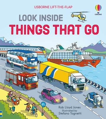 Open board book titled "Look Inside Things That Go" by Usborne Books, showing colorful illustrations of vehicles and transportation.