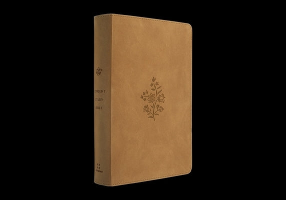 ESV Student Study Bible by Crossway with Trutone Nubuck Caramel cover and Wildflower design, open pages showing biblical text and notes.