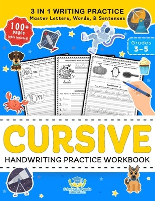 Cursive handwriting practice workbook for 3rd-5th graders by Scholastic Panda Education, featuring traced cursive letters on pages.