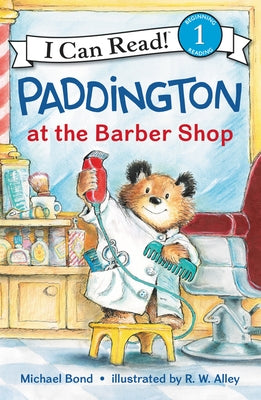 Paddington at the Barber Shop paperback by HarperCollins, featuring Paddington Bear in a barber shop setting.