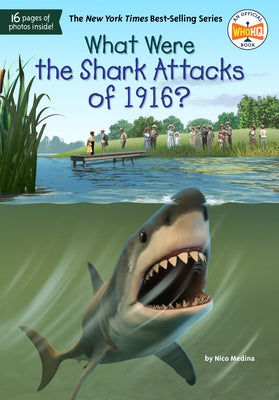 Paperback book titled "What Were the Shark Attacks of 1916?" by Penguin Workshop, showing the cover with shark images.