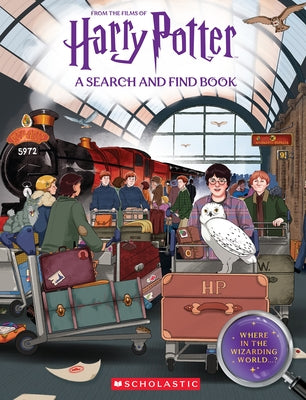 Paperback Harry Potter search-and-find book titled "Where in the Wizarding World?" by Scholastic Inc., featuring magical scenes and characters.