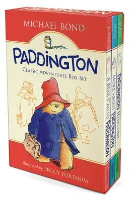 Paddington Classic Adventures Box Set featuring "A Bear Called Paddington," "More about Paddington," and "Paddington Helps Out" by HarperCollins.