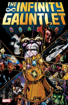 Marvel Universe Infinity Gauntlet paperback book with colorful cover featuring the iconic Infinity Gauntlet from the Marvel Universe.