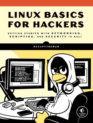 Paperback book titled "Linux Basics for Hackers" by No Starch Press, showing the cover with a focus on networking and security themes.