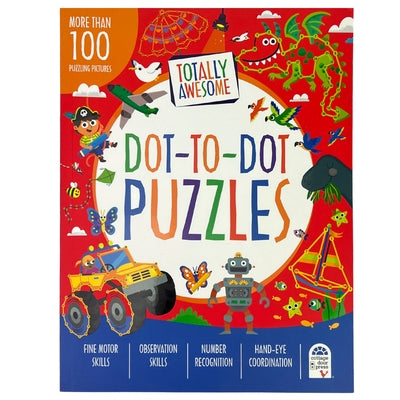 Paperback Totally Awesome Dot-To-Dot Puzzles book by Cottage Door Press featuring colorful puzzle images for kids.
