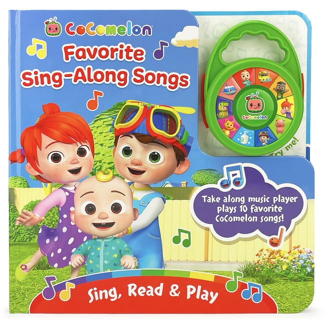 Cocomelon favorite sing-along songs board book by Cottage Door Press with a colorful cover and a portable music player inside.