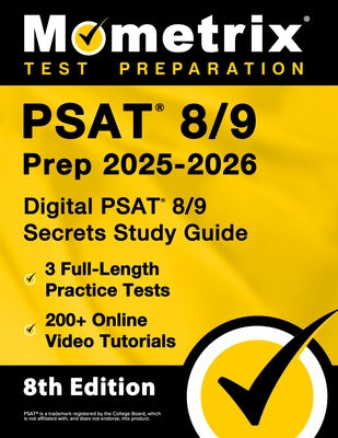 Paperback PSAT 8/9 prep book by Mometrix Media LLC with practice tests, online tutorials, and study guide for 8th grade students.