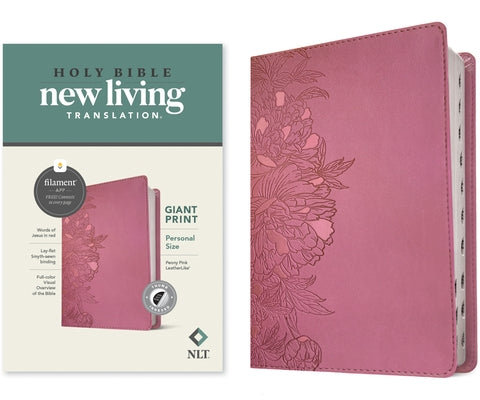 Red leatherlike NLT Personal Size Giant Print Bible with pink cover, indexed pages, filament enabled, and red letter text.